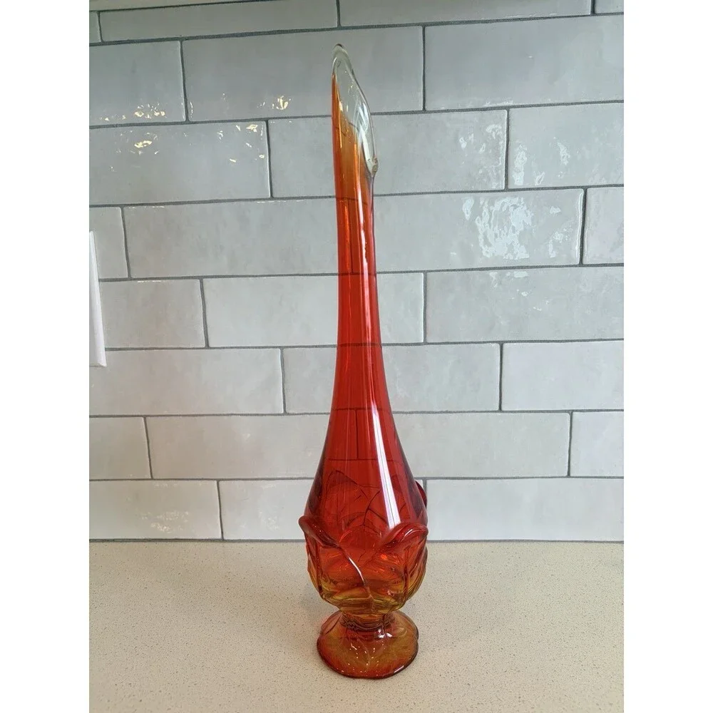 Vintage Viking Amberina Glass Vase MCM Swung Stretch Vase 12.5” EUC